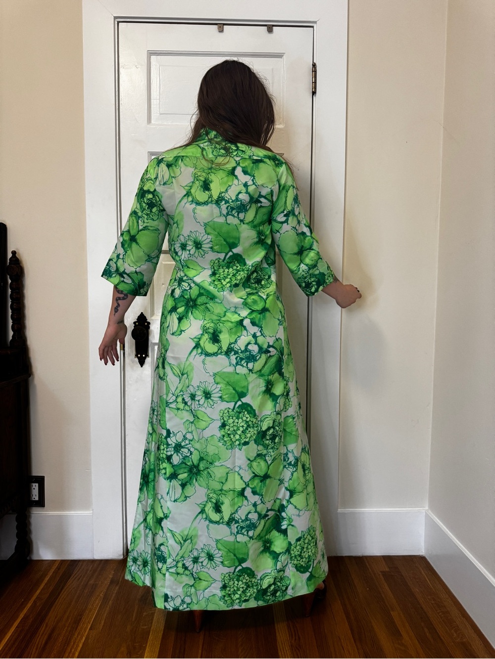 70s Vintage Handmade Bright Green Floral Maxi Shirt Dress Sz M - Picture 3 of 10